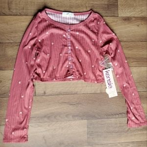 Kensie Girl Dark Coral Floral Ribbed Long Sleeve Crop Top Size 10